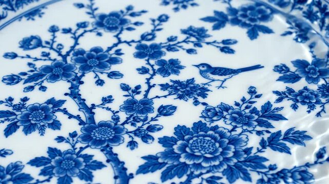 Elegant blue and white minimalist floral chinoiserie pattern reflecting on a shimmering liquid surface with gentle ripples moving slowly across the frame