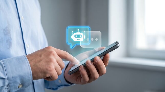 Closeup of a man using a smartphone with a digital chatbot icon appearing on the screen, representing artificial intelligence and automated customer service support