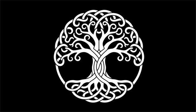 Celtic tree of life symbol with intricate white root and branch knots isolated on a solid black background.