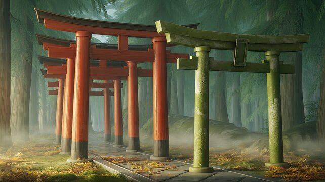 Traditional Japanese torii gates in red wooden and stone