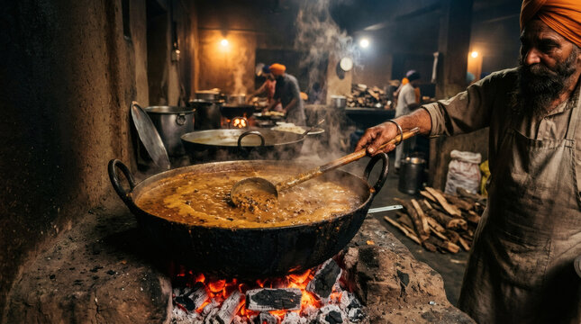 Langar wali dal slow cooking in rustic communal kitchen