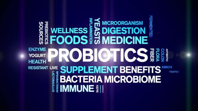 Probiotics animated word cloud-animation tag kinetic typography seamless loop.