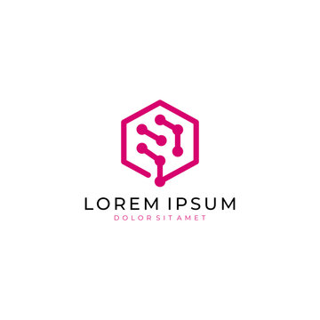 Magenta hexagonal circuit logo with connected digital nodes, ideal for technology, electronics, AI, cybersecurity, automation, and innovation brands.