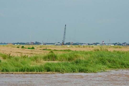 Wetland Landscape with Green Grass, Water, and Distant Fields