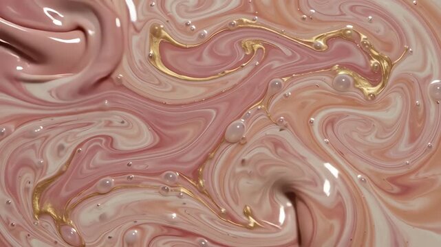 High angle view of fluid pink and peach liquid patterns swirling in slow motion creating elegant abstract marble textures across the frame