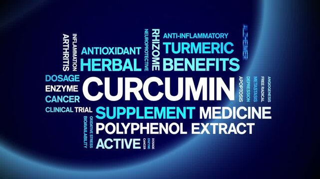 Curcumin animated word cloud-animation tag kinetic typography seamless loop.