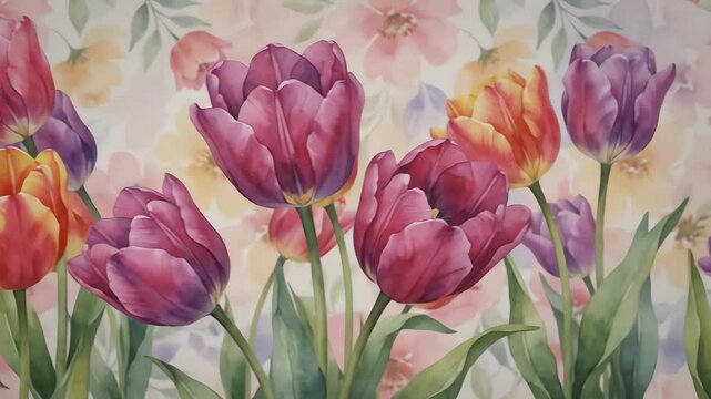 Low angle view of vibrant watercolor tulips blooming in a seamless floral pattern background with soft pastel washes and gentle swaying motion