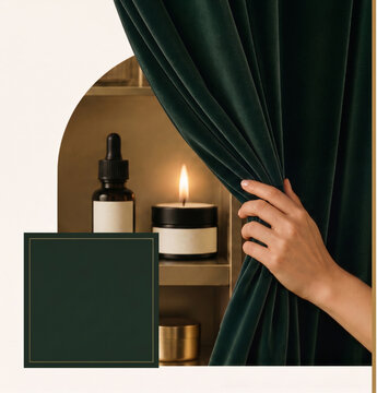 Luxury spa setup. Female hand peeking behind emerald velvet drape with blank copyspace