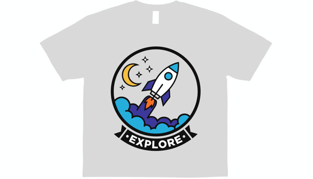 Space exploration theme graphic print t-shirt design featuring a rocket launch with moon and stars inside a circular badge.