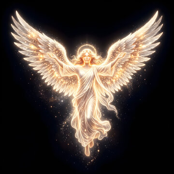 Angel with golden wings and halo in divine light.