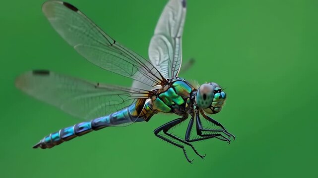 Macro shot of a shimmering iridescent dragonfly flying in place against a bright green screen background with rapid wing movement
