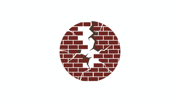 Circular dark red brick wall icon featuring a dramatic cracked effect and shattered texture on a clean white background.