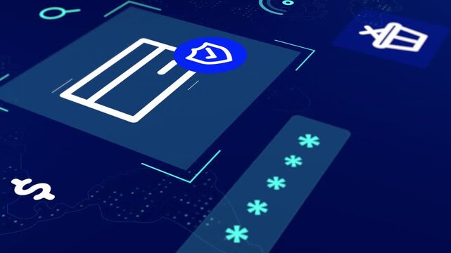 Angled perspective of digital interface visualizing credit card security code and encrypted pin entry.