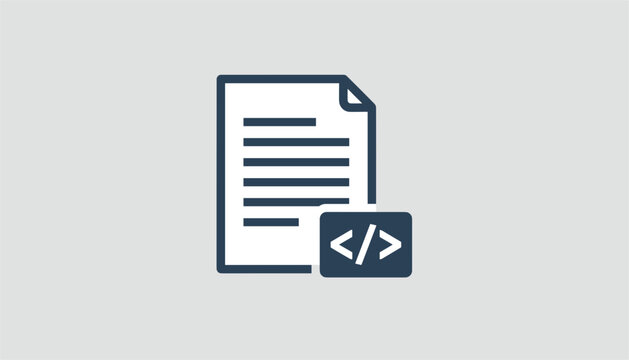 Coding document outline icon showing programming code script on paper with a bracket tag symbol representing development.