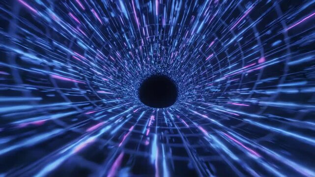 Minimalist abstract field with extreme gravitational warping where a uniform cyber texture bends and stretches across an infinite dark plane