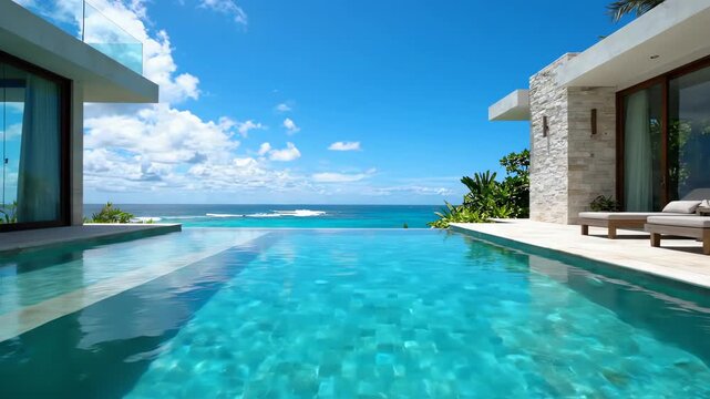 Modern luxury villa featuring a crystal clear infinity pool reflecting the bright sky overlooking a vast turquoise ocean under daylight