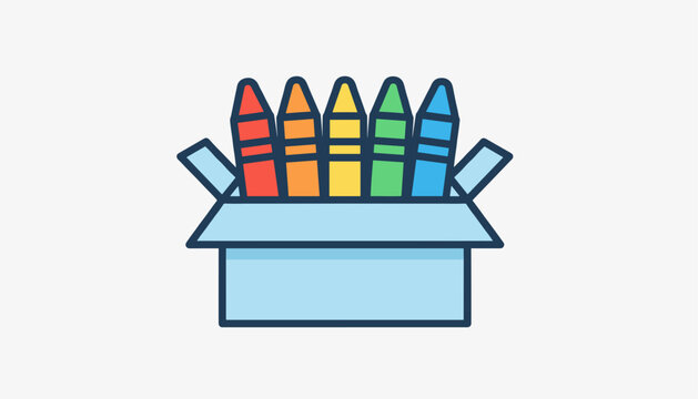 Opened blue cardboard box containing five bright colored crayons arranged in a rainbow order for children art.