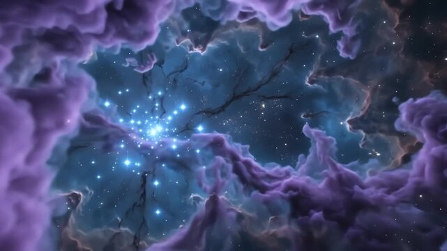 Mystical purple and blue galaxy clouds swirling in a dreamy night cosmos background with glowing nebula dust particles and asymmetrical stellar formations