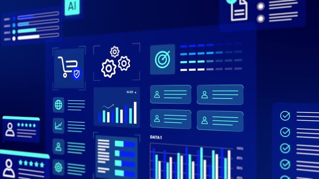 High tech blue interface monitoring e commerce cart performance, gear settings, and target analytics.