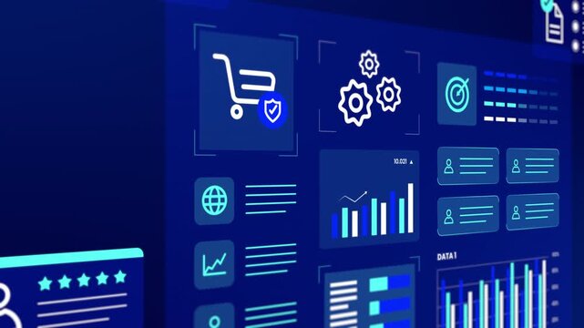 Blue digital e commerce dashboard tracking shopping cart security, business metrics, and sales charts.