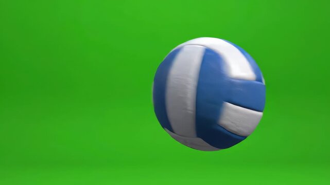 Realistic volleyball spinning and flying through the air against a bright green screen background with smooth rotating motion