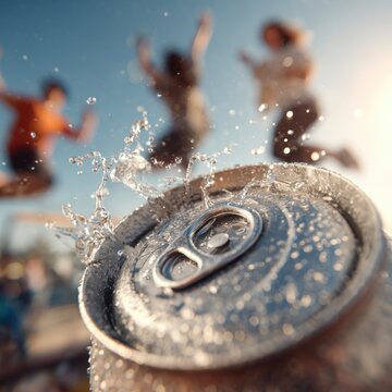 Closeup of soda can opening friends jumping in background Canon EOS R5 50mm f12