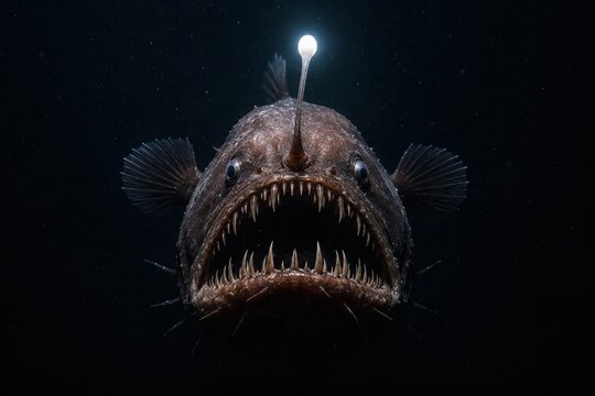 Deep sea anglerfish with bioluminescent glowing lure
