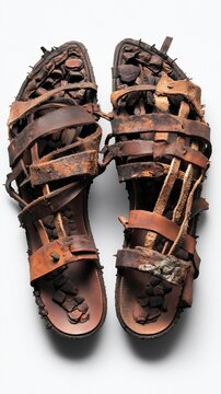 Aged leather sandals with intricate straps and worn soles on white background