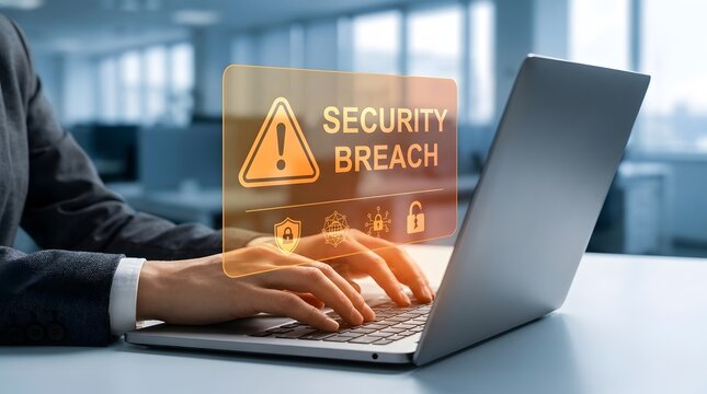 Cyber security breach alert on laptop screen