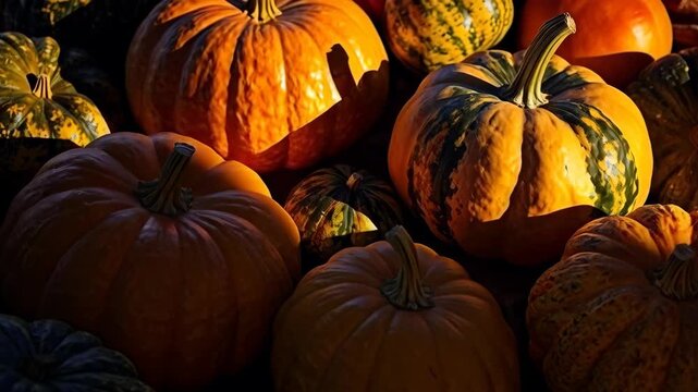 Autumn Pumpkin Harvest with Colorful Orange Gourds and Green Squash Seasonal Produce Assortment