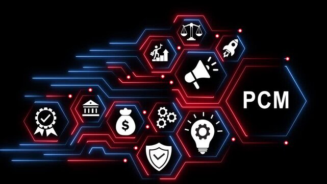 Pcm business strategy concept with digital hexagon network and corporate animation management technology