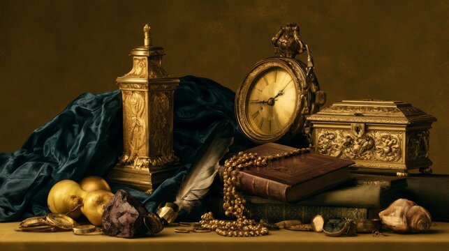 Vintage treasures displayed on a table with golden accents, elegant clock, antique books, and decorative items for classic decor lovers