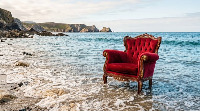 Ornate red velvet armchair positioned in shallow surf near rocky coast with cliffs in background, daylight seaside composition showing water lapping around legs