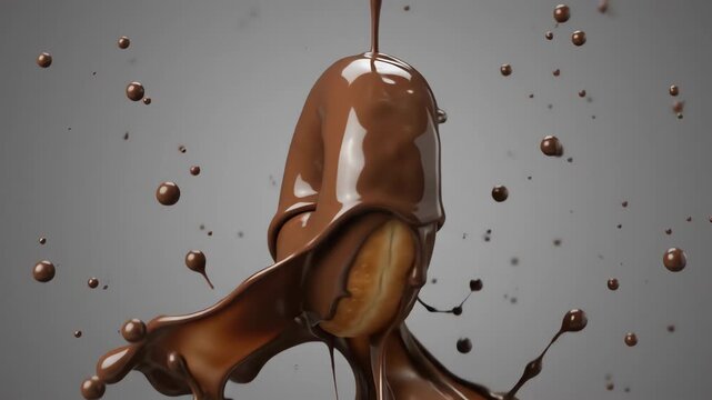 Symmetrical doughnut with smooth chocolate glaze splashing and swirling against a minimalist neutral gray background in slow motion