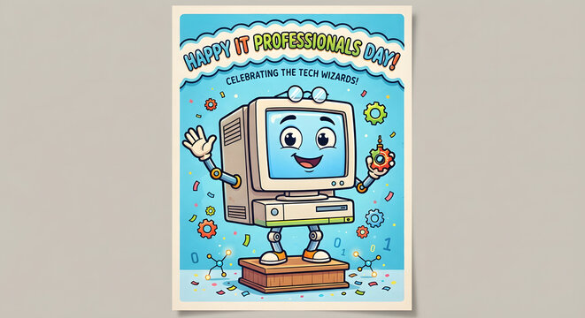 Happy IT Professionals Day vector illustration featuring a cute retro CRT monitor computer character with glasses