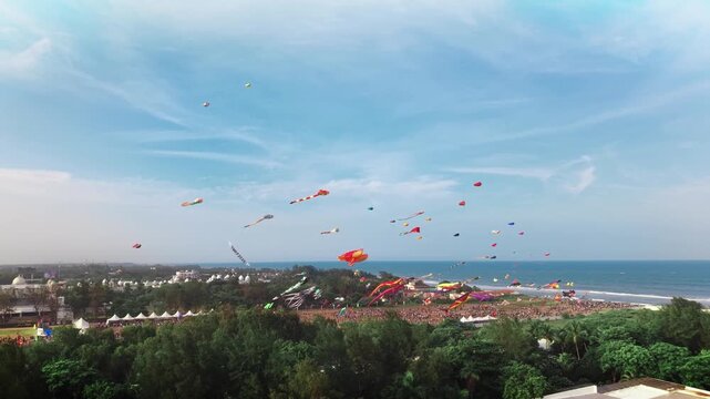 Colourful kites over a packed coastal ground at the Tamil Nadu kite festival - August, 2026, Chennai, India