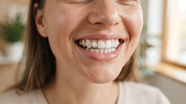 Close-up of a woman's happy, beaming smile, showcasing her healthy, white teeth and bright eyes