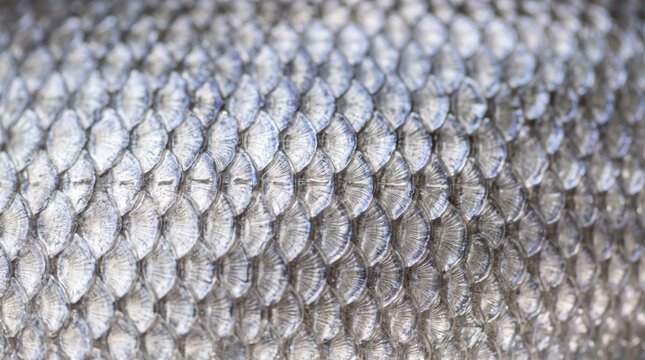 Macro of silver fish scales texture pattern, detailed natural showing overlapping shiny skin surface of aquatic animal with metallic reflection and organic structure details.