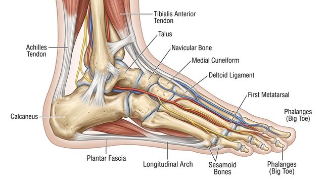 Human foot anatomy diagram with bone and tendon labels