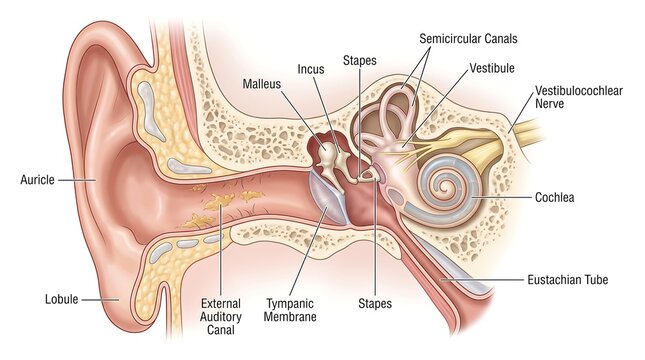 Human Ear Anatomy Diagram with Medical Labels for Education
