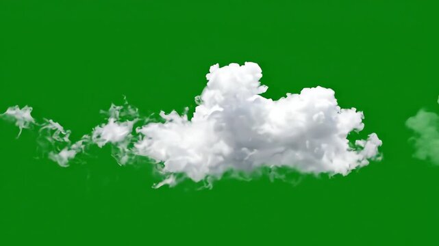 White fluffy cumulus clouds drifting slowly across a bright green screen background for video editing and motion graphics compositing
