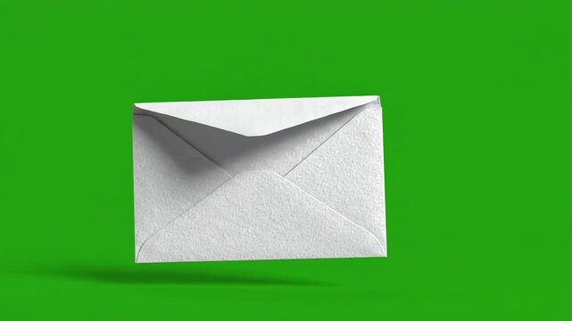 3D digital envelope animation floating and opening against a bright green screen background for chroma key compositing