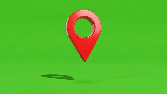 3D red map pin marker bouncing on a chroma key green screen background with smooth drop shadow animation