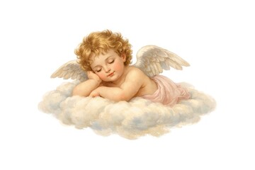 Naklejka premium Sleeping cherub angel resting on soft clouds, vintage illustration
