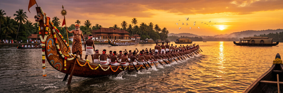 Traditional snake boat race Vallamkali on Kerala backwaters during Onam festival at sunset with rowers in action.