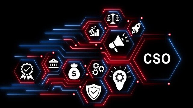 Cso chief security officer concept with digital hexagon network and glowing circuit lines cybersecurity