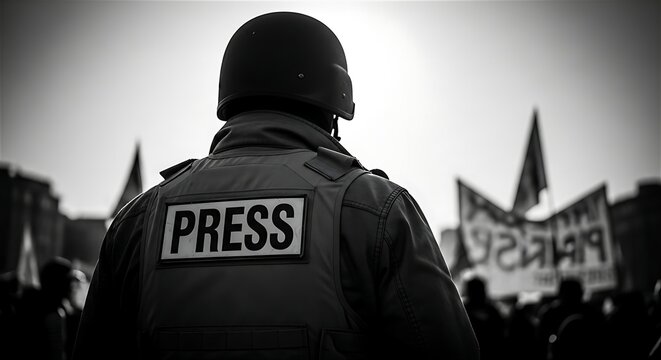 Journalist Wearing Helmet and Bulletproof Press Vest Covering Dangerous Protest in War Zone