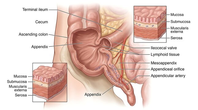 Medical Diagram of Human Appendix and Large Intestine Anatomy