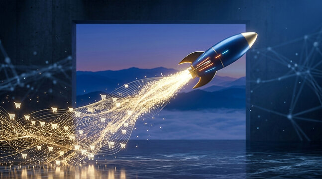 Futuristic business startup rocket launching into sky with glowing golden shopping cart particle trail e-commerce sales growth concept
