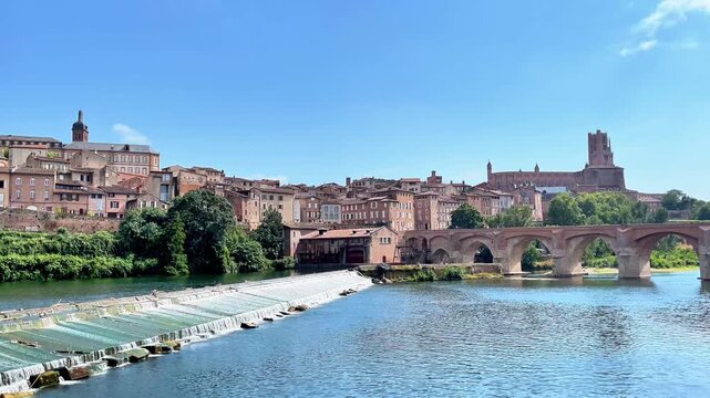 Panoramic view of historic city of Albi with Pont Vieux over Tarn river and cathedral in France